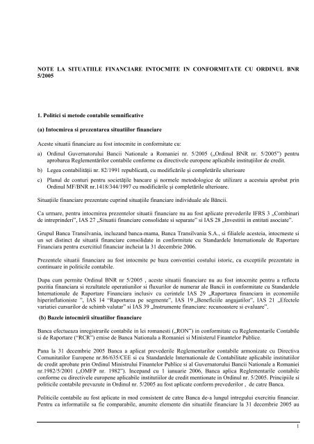 Note Contabile la Situatiile Financiare 2006 - Banca Transilvania