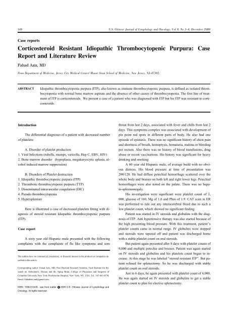 Corticosteroid Resistant Idiopathic Thrombocytopenic Purpura ...