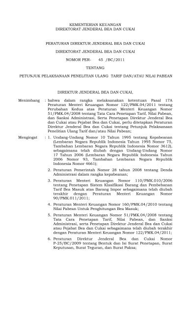 kementerian keuangan direktorat jenderal bea dan cukai peraturan ...