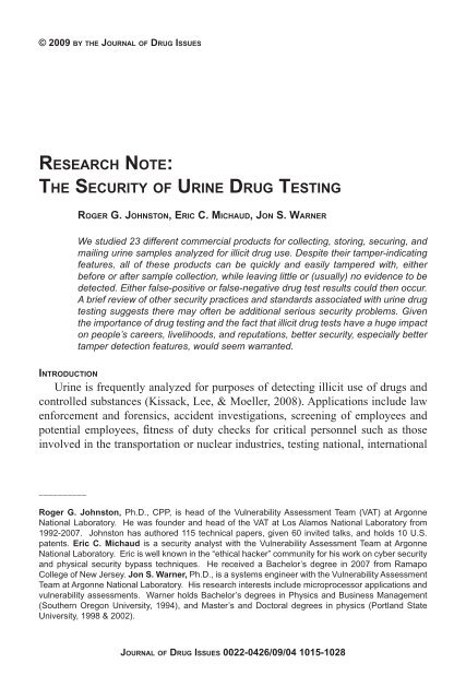 the security of urine drug testing - Journal of Drug Issues