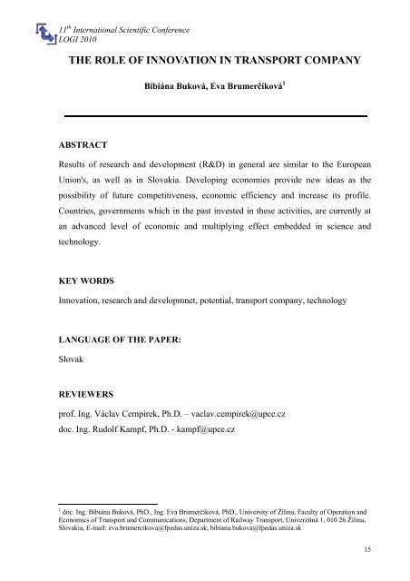 LOGI 2010 - LOGI - Scientific Journal on Transport and Logistics