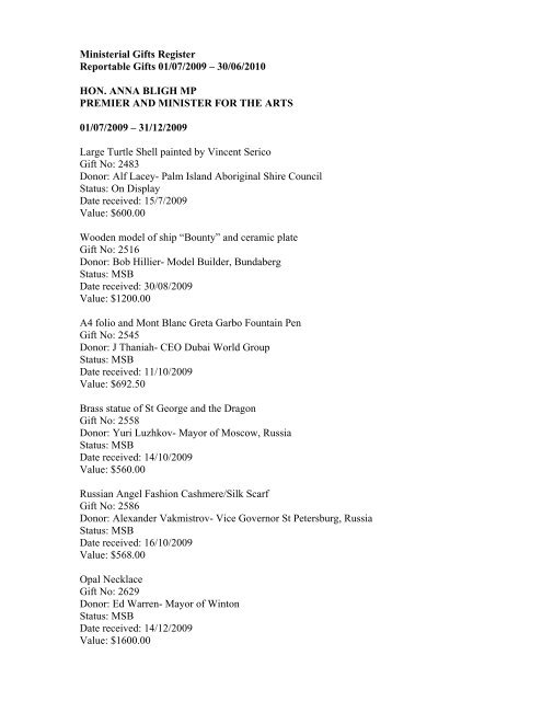 Ministerial Gifts Register Department Of The Premier And Cabinet