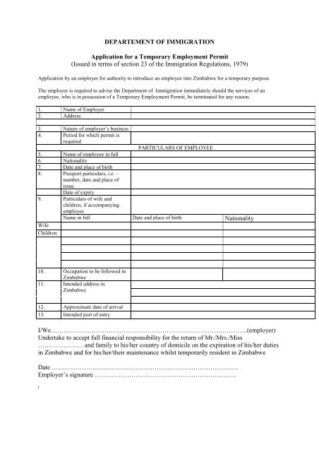 Application for temporary work permit in Zimbabwe - the Embassy of ...