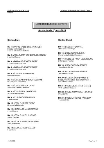 A compter du 1er mars 2010 LISTE DES BUREAUX DE VOTE ...