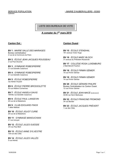 A compter du 1er mars 2010 LISTE DES BUREAUX DE VOTE ...