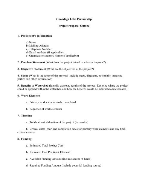 Onondaga Lake Partnership Project Proposal Outline
