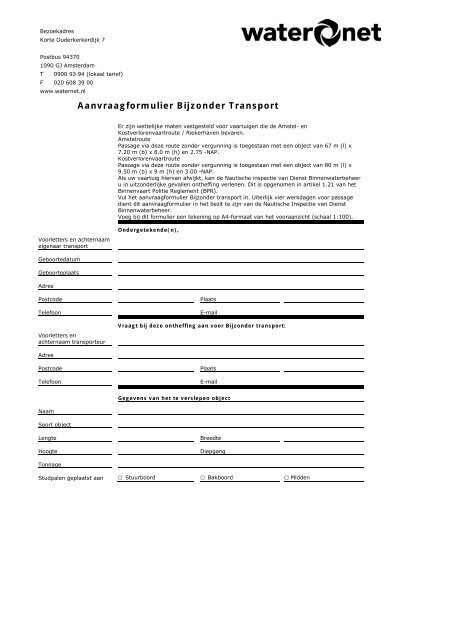 Formulier Bijzonder Transport - Waternet