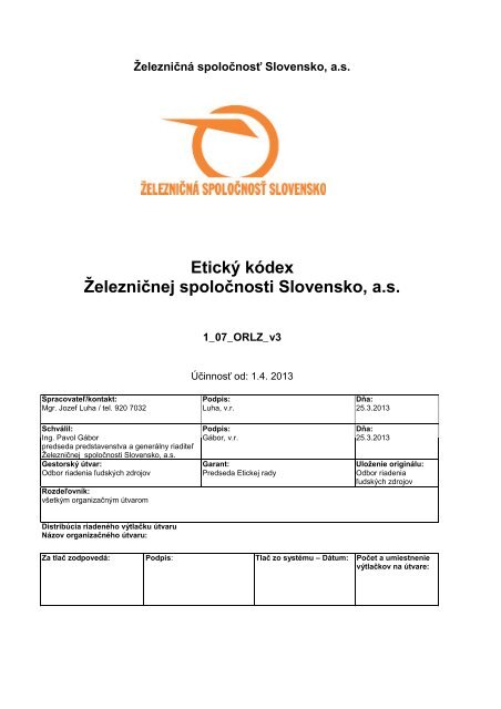 EtickÃ½ kÃ³dex Å½elezniÄnej spoloÄnosti Slovensko, a. s. - ZSSK