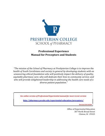 Manual!for!Preceptors! - Presbyterian College School of Pharmacy
