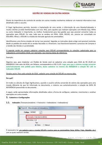 GESTÃO DE VENDAS EM OUTRA MOEDA - Siagri