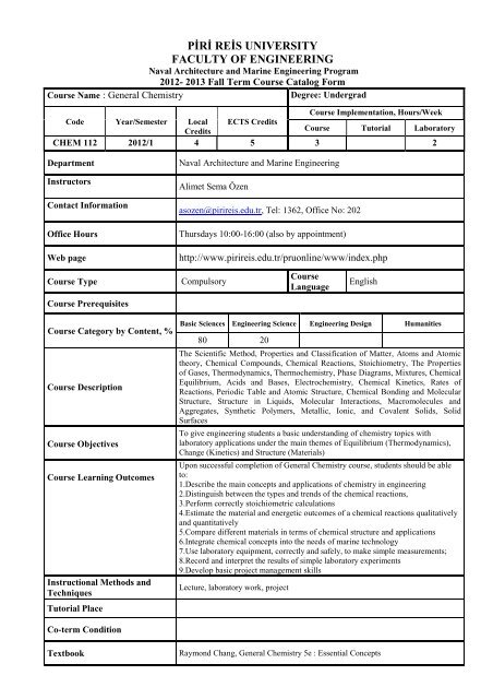 course catalog form piri reis aœniversitesi