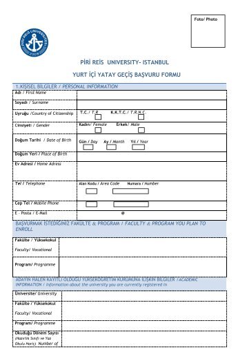 Yurt Ä°Ã§i Yatay GeÃ§iÅ BaÅvuru Formu - Piri Reis Ãniversitesi