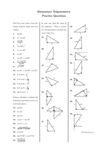Elementary Trigonometry Practice Questions