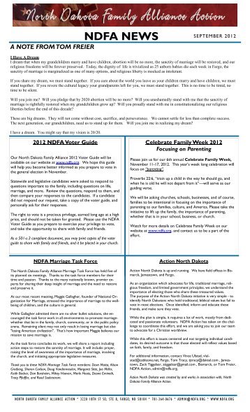 September 2012 Newsletter - North Dakota Family Alliance