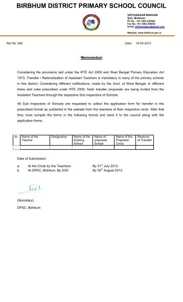 Transfer Memorandum - Birbhum District