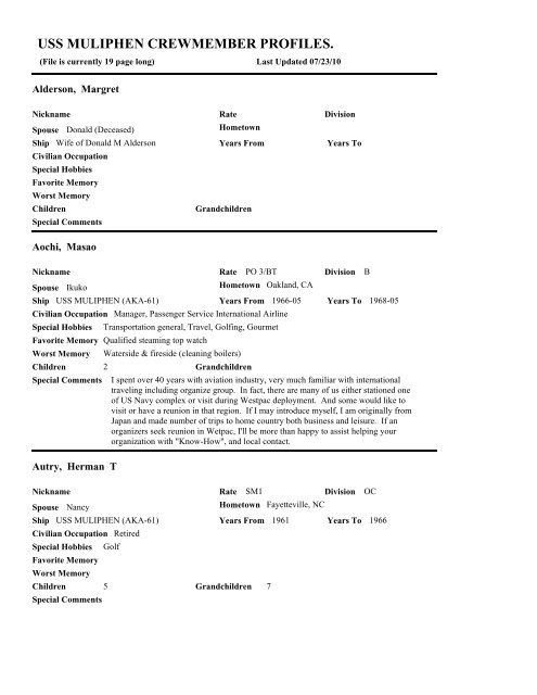 USS MULIPHEN CREWMEMBER PROFILES.