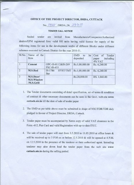 Tender Call Notice - Cuttack