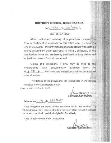 Provisional List on VLW Recruitment of Kendrapara District