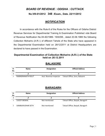 board of revenue : odisha : cuttack notification balasore baragarh