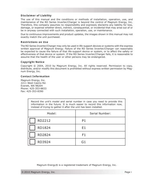 RD Series Owner's Manual - Magnum Energy