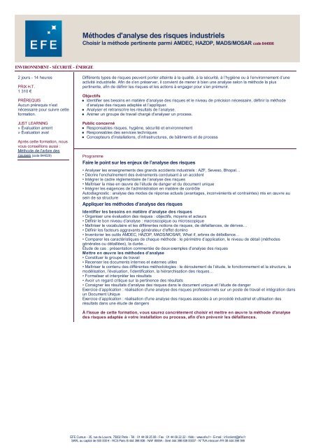 Méthodes d'analyse des risques industriels - EFE