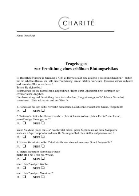 Fragebogen Zur Ermittlung Eines Erhohten Blutungsrisikos