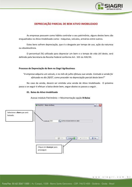 DEPRECIAÃÃO PARCIAL DE BEM ATIVO IMOBILIZADO - Siagri