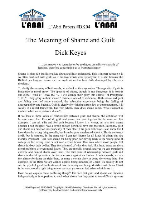 The Meaning Of Shame And Guilt Dick Keyes L Abri Fellowship