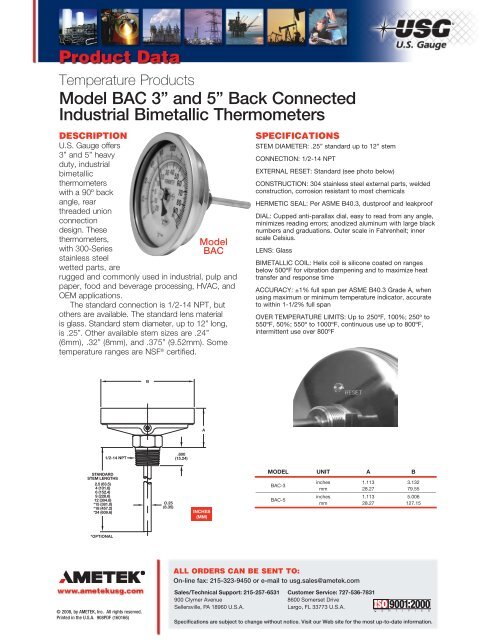 US Gauge Series BAC Thermometer Datasheet PDF - Instrumart