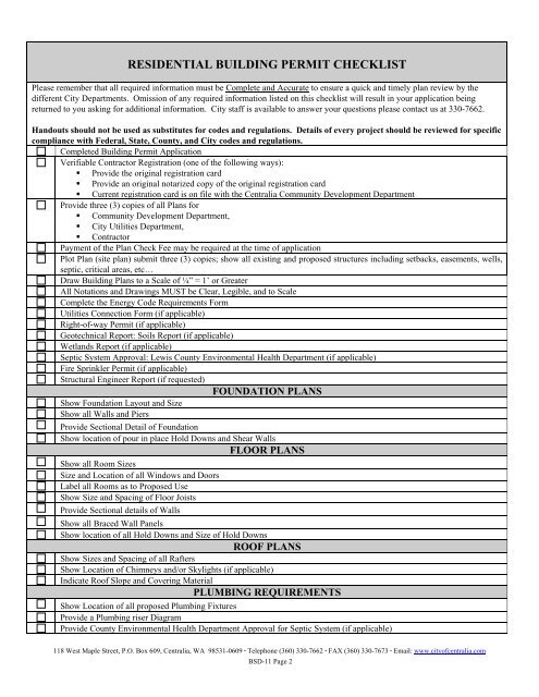 Building permit checklist (Residential) - City of Centralia, WA