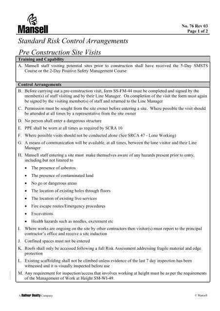 Standard Risk Control Arrangements Pre Construction Site Visits