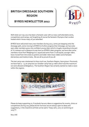 british dressage southern region byrds newsletter 2012