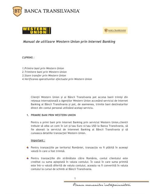 Manual de utilizare Western Union prin Internet Banking - Banca ...