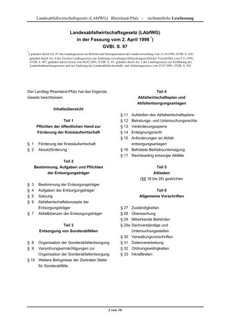 Landesabfallwirtschaftsgesetz (LAbfWG) in der ... - Rheinland-Pfalz