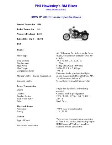 BMW R1200C Classic Specifications - BM Bikes, BMW Motorcycle ...