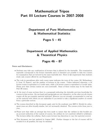 Mathematical Tripos Part III Lecture Courses in 2007-2008