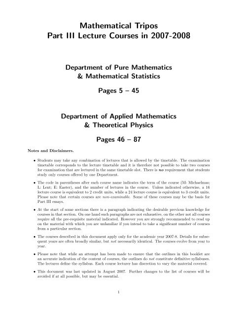 Mathematical Tripos Part Iii Lecture Courses In 2007 2008 - 