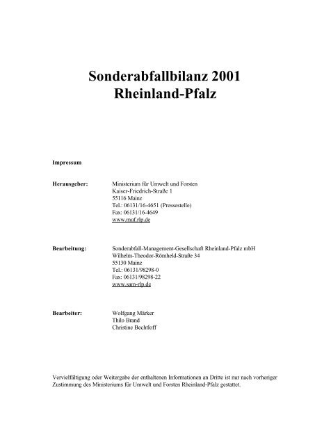 Sonderabfallbilanz 2001 Rheinland-Pfalz