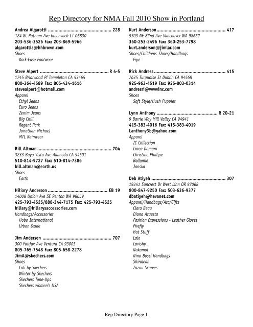 Rep Directory For NMA Fall 2010 Show In Northwest Market