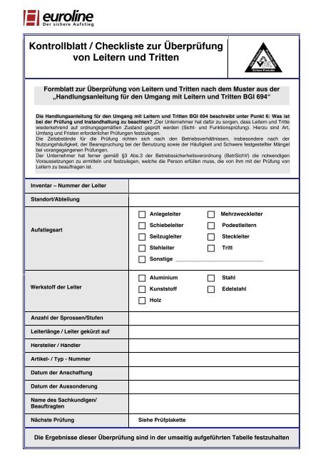 Euroline Checkliste zur Überprüfung von Leitern und Tritten