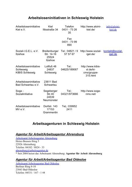 Arbeitsloseninitiativen In Schleswig Holstein Arbeitsagenturen In
