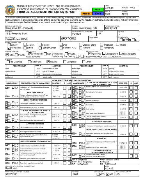 FOOD ESTABLISHMENT INSPECTION REPORT - Andy's Web Tools