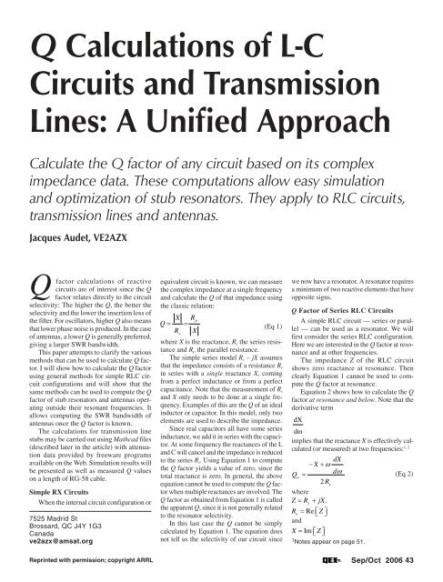 Q Calculations of L-C Circuits and Transmission Lines ... - Ve2azx.net