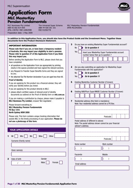 MLC MasterKey Pension Fundamentals Application Form