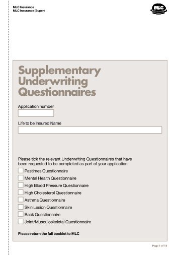 Supplementary Underwriting Questionnaires - MLC