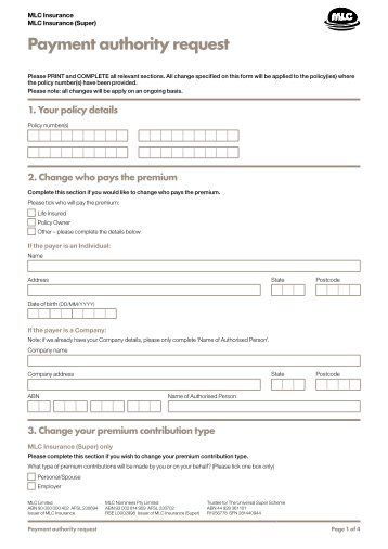 MLC Insurance - Payment Authority Request Form