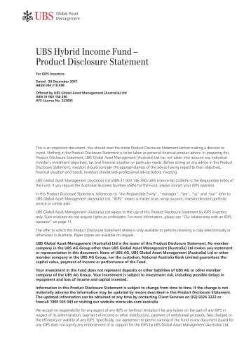 UBS Hybrid Income Fund â Product Disclosure Statement - MLC