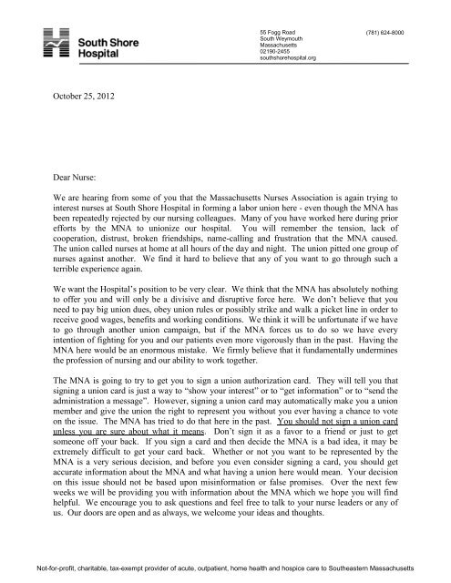 Letter 10/25/12 - South Shore Hospital