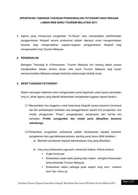 Page 1 Of 7 Spesifikasi Tawaran Tugasan Tourism Malaysia