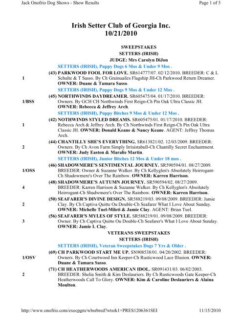 ISCG Oct 2010 Specialty Results - Irish Setter Club of Georgia